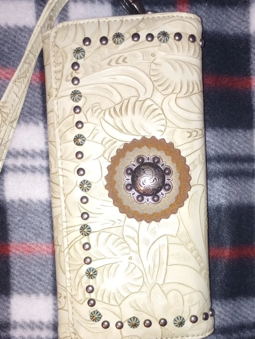 Montana West Cream Tooled  Wristlet Wallet with  Accents